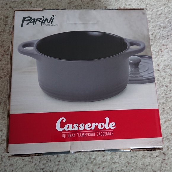PARINI 1.5 QT Gray FLAMEPROOF CASSEROLE DISH WITH LID BLACK INTERIOR - Picture 4 of 4